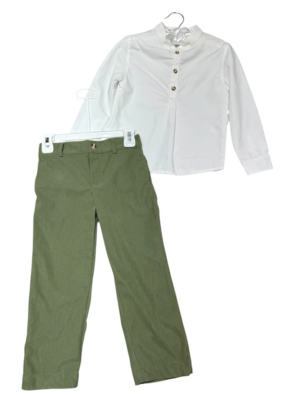 Edgehill Collection Boys Sz 5 Outfit White Mock Neck Shirt Olive Pants 2 Piece